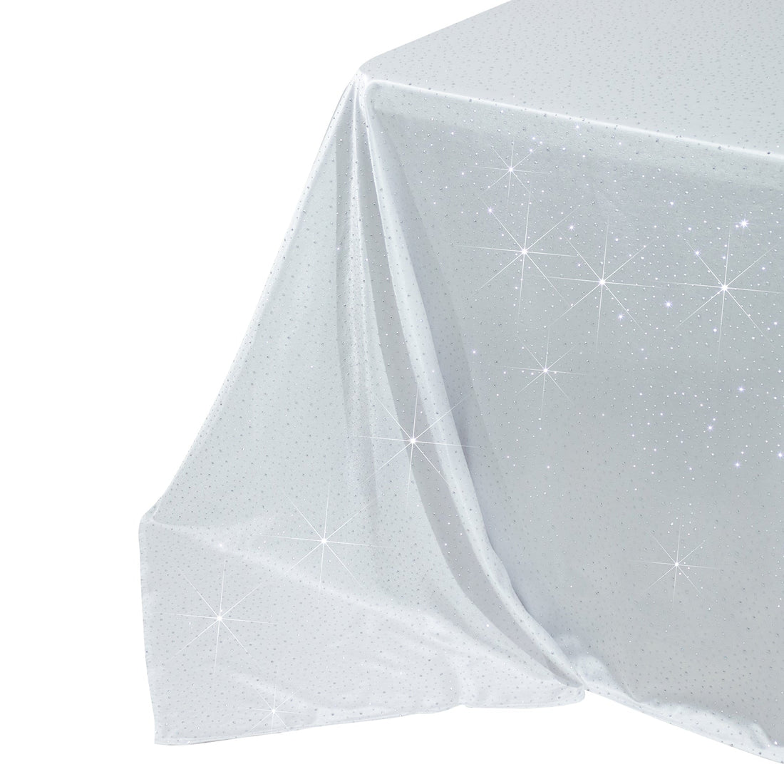 Sparkling white tablecloth with star-like patterns on a plain background