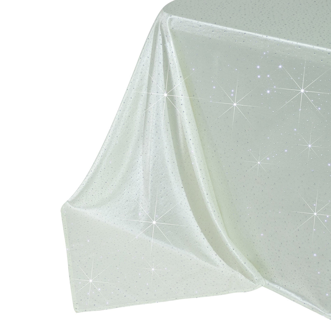Sparkling white tablecloth with shimmering details, draped elegantly.