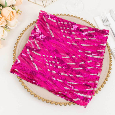 Sequin Mesh Napkin 20"x20" Fuchsia Silver - Wave Embroidered Dinner Napkin
