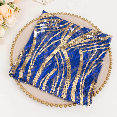 Sequin Mesh Napkin 20"x20" Royal Blue Gold - Wave Embroidered Dinner Napkin
