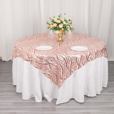Sequin Mesh Table Overlay 72"x72" Blush Wave Embroidered Table Topper
