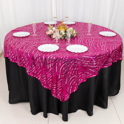 Sequin Mesh Table Overlay 72"x72" Fuchsia Silver Wave Embroidered Table Topper