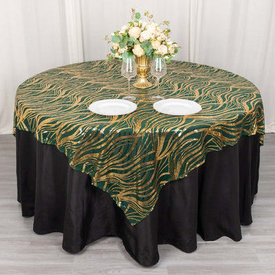 Sequin Mesh Table Overlay 72"x72" Hunter Emerald Green Wave Embroidered Table Topper