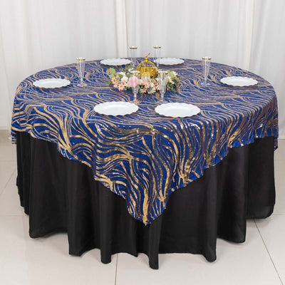 Sequin Mesh Table Overlay 72"x72" Royal Blue Wave Embroidered Table Topper