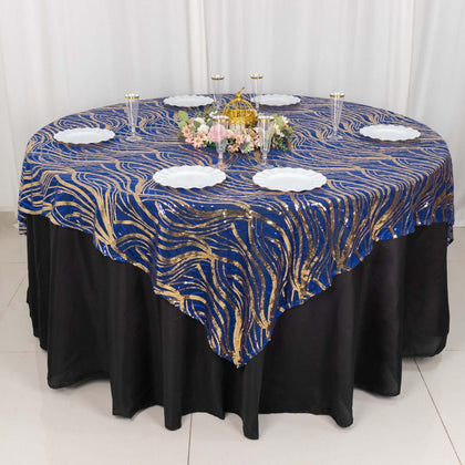 Sequin Mesh Table Overlay 72"x72" Royal Blue Wave Embroidered Table Topper
