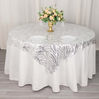 Sequin Mesh Table Overlay 72"x72" Silver Wave Embroidered Table Topper
