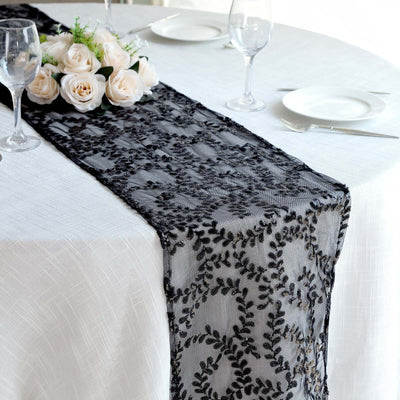 Sequin Mesh Table Runner 12"x108" Black Leaf Vine Embroidered Design