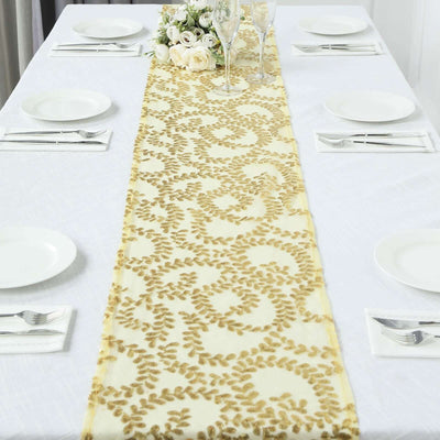 Sequin Mesh Table Runner 12"x108" Gold Leaf Vine Embroidered Design Perfect for Luxe Occasions
