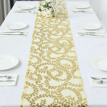 Sequin Mesh Table Runner 12"x108" Gold Leaf Vine Embroidered Design Perfect for Luxe Occasions