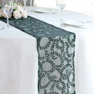 Sequin Mesh Table Runner 12"x108" Hunter Emerald Green Leaf Vine Embroidered Design