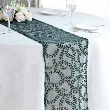 Sequin Mesh Table Runner 12"x108" Hunter Emerald Green Leaf Vine Embroidered Design