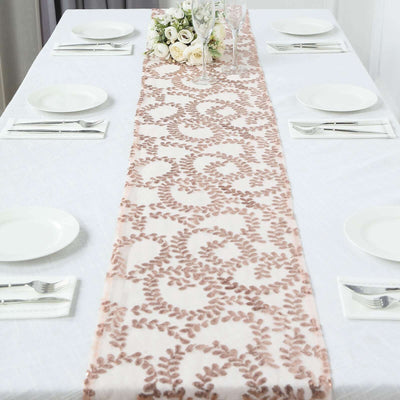 Sequin Mesh Table Runner 12"x108" Rose Gold Leaf Vine Embroidered Design