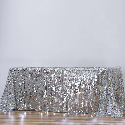 Sequin Rectangle Tablecloth 90"x156" Silver - Big Payette Seamless Table Cover