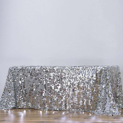 Sequin Rectangle Tablecloth 90"x156" Silver - Big Payette Seamless Table Cover