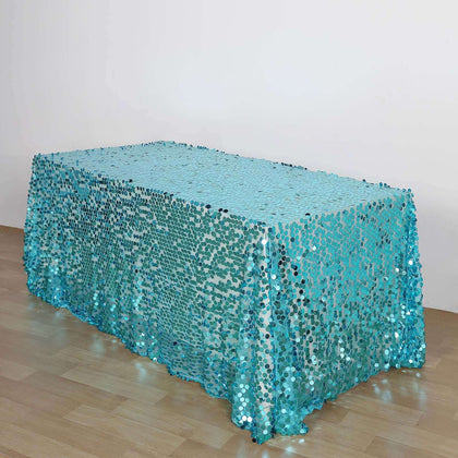 Sequin Rectangle Tablecloth 90"x156" Turquoise - Big Payette Seamless Table Cover