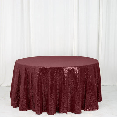 Sequin Round Tablecloth 120" Burgundy - Seamless Table Cover