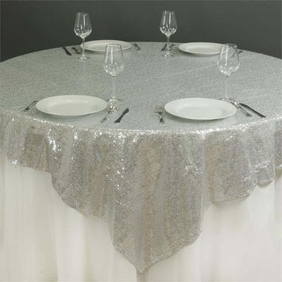 Sequin Square Table Overlay 72"x72" Silver - Sparkly Table Topper