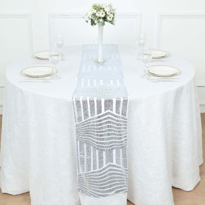 Sequin Table Runner 12"x108" Silver with Diamond Glitz Design - Perfect for Glamorous Events