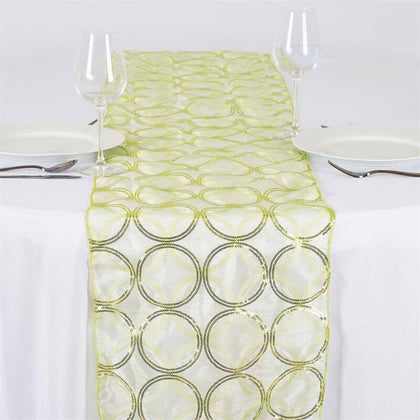 Sequin Table Runner 14"x108" Tea Green with Circle Design - Stylish Decor for Special Occasions