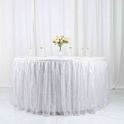 Sequin Table Skirt 17ft Silver - Pleated Satin With Top Velcro Strip Sparkly Table Cover