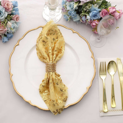 Sequin Tulle Napkin 20"x20" Gold - Embroidered Leaf Vine Pattern, Sparkly Decorative Table Accent