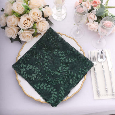 Sequin Tulle Napkin 20"x20" Hunter Emerald Green - Embroidered Leaf Vine Dinner Napkins