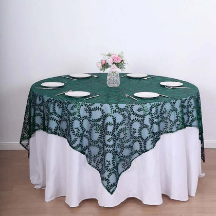 Sequin Tulle Table Overlay 72"x72" Hunter Emerald Green Leaf Embroidered Table Topper