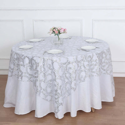 Sequin Tulle Table Overlay 72"x72" Silver Leaf Embroidered Table Topper