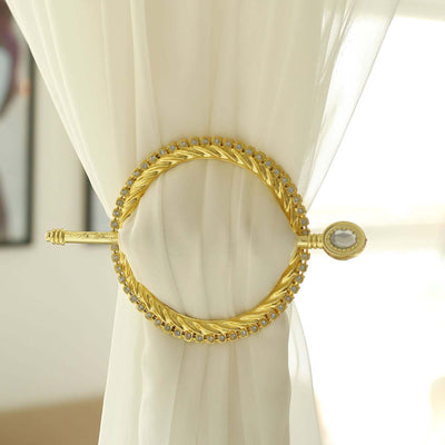 Set of 2 Gold Acrylic Braided Barrette Style Curtain Tie Backs With Crystal Diamond Studded Edge, Round Backdrop Drapery Brooch Holdbacks 6"