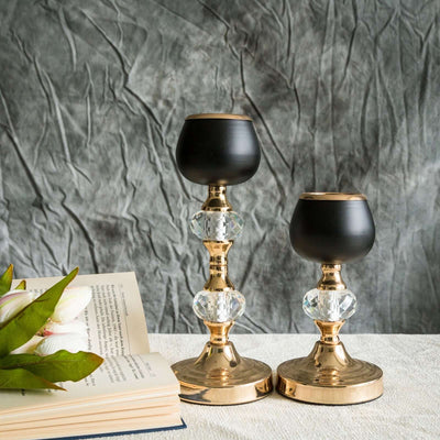 Set of 2 Metal Crystal Lamp Gold/Black Votive Candle Holders 7", 11" - Tealight Stands for Chic Events
