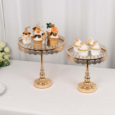 Set of 2 Metal Pedestal Cake Stands 11", 13" Round Design with Mirror Top Gold - Crystal Beaded Cupcake Dessert Display
