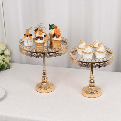 Set of 2 Metal Pedestal Cake Stands 11", 13" Round Design with Mirror Top Gold - Crystal Beaded Cupcake Dessert Display