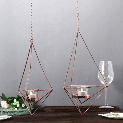 Set of 2 Rose Gold Metal Hanging Tealight Candle Holders 12", 15" Diamond Open Frame - Geometric Flower Terrariums