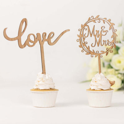 Set of 2 Wooden Cake Toppers Natural Mr & Mrs and Love Design - Rustic Wedding Cupcake Decorations