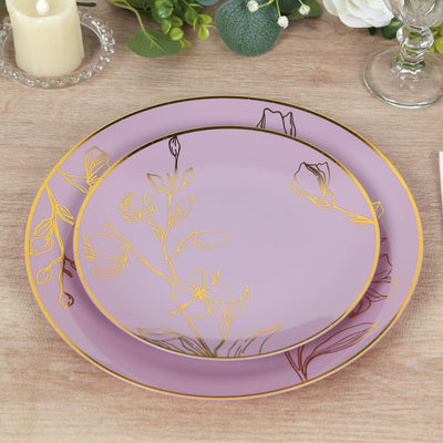 Set of 20 Plastic Round Dinner and Dessert Plates 8", 10" Lavender Lilac with Metallic Gold Floral Design - Chic Disposable Dinnerware