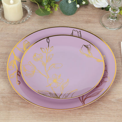 Set of 20 Plastic Round Dinner and Dessert Plates 8", 10" Lavender Lilac with Metallic Gold Floral Design - Chic Disposable Dinnerware