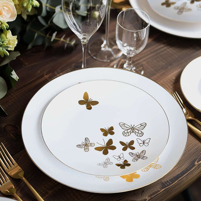 Set of 20 Plastic Round Dinner and Salad Plates 8", 10" White with Gold Butterfly Design & Gold Rim - Chic Disposable Dinnerware for Special Occasions & Gatherings
