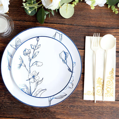 Set of 20 Plastic Round Dinner and Dessert Plates 8", 10" White with Metallic Blue Floral Design - Chic Disposable Dinnerware
