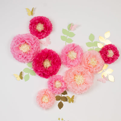 Set of 21 Tissue Paper Pom Poms Decor Kit – Blush Peach 3D Chrysanth Floral Wall Decor with Butterflies & Olive Leaves - 8",10",12"