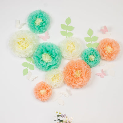 Set of 21 Tissue Paper Pom Poms Decor Kit – Cream Peach 3D Chrysanth Floral Wall Decor with Butterflies & Olive Leaves - 8",10",12"