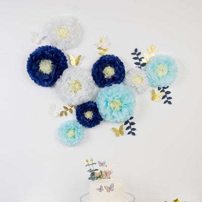 Set of 21 Tissue Paper Pom Poms Decor Kit – White Blue 3D Chrysanth Floral Wall Decor with Butterflies & Olive Leaves - 8",10",12"