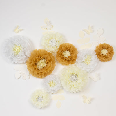 Set of 21 Tissue Paper Pom Poms Decor Kit – White Ivory 3D Chrysanth Floral Wall Decor with Butterflies & Olive Leaves - 8",10",12"
