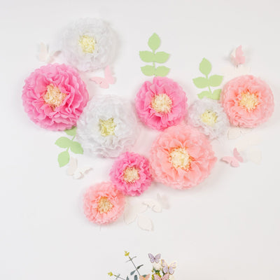Set of 21 Tissue Paper Pom Poms Decor Kit – White Pink 3D Chrysanth Floral Wall Decor with Butterflies & Olive Leaves - 8",10",12"