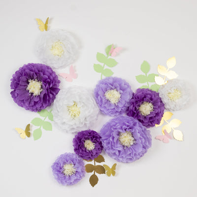 Set of 21 Tissue Paper Pom Poms Decor Kit – White Purple 3D Chrysanth Floral Wall Decor with Butterflies & Olive Leaves - 8",10",12"