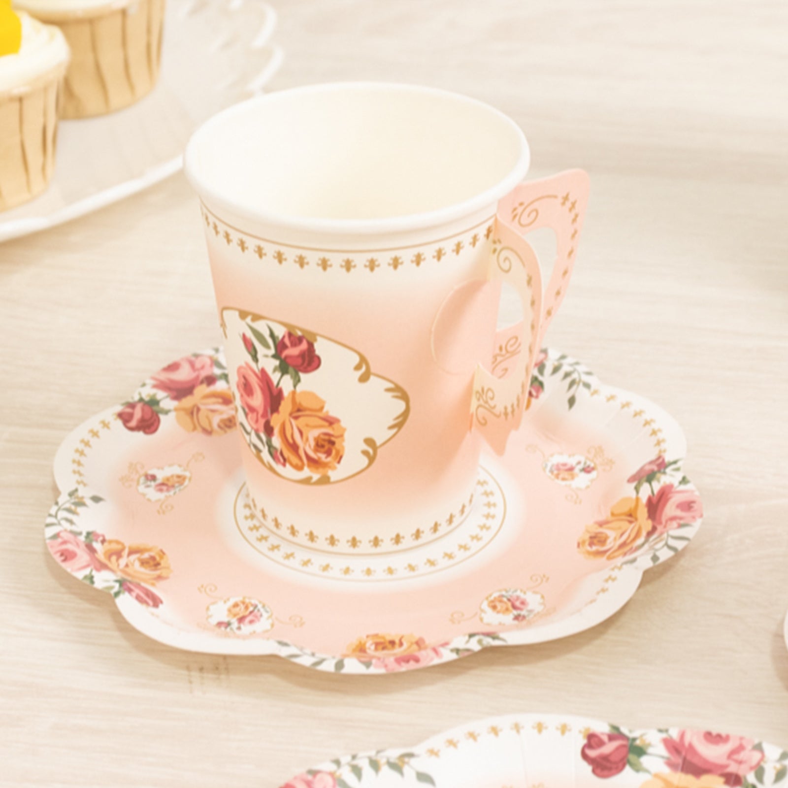 【新品未使用】rosy Monster tea party check tops Paper Cups Saucers Rose Floral Set 25 Pack Dusty Rose | eFavormart
