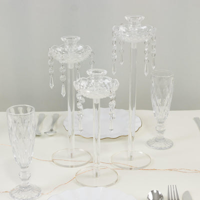 Set of 3 Acrylic Candle Holders with Hanging Bead & Prism Accents – Taper Candlestick Stands - 11",13",15"