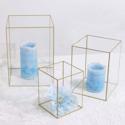 Set of 3 Acrylic Pillar Candle Holders 6", 8", 10" Clear Flower Display Boxes with Gold Rims - Decorative Centerpieces