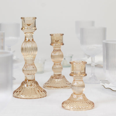 Set of 3 Amber Gold Fluted Glass Taper Candle Holders, Ribbed Crystal Candlestick Stands 4", 6", 8"