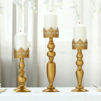 Set of 3 Antique Gold Lace Hurricane Glass Candle Holders 12", 14", 17" - Sophisticated Pillar Candle Stand Set for Decor