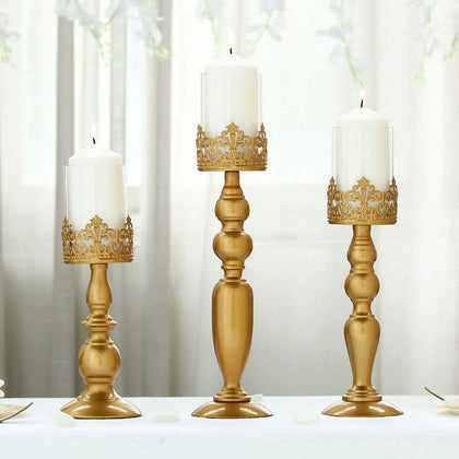 Set of 3 Antique Gold Lace Hurricane Glass Candle Holders 12", 14", 17" - Sophisticated Pillar Candle Stand Set for Decor